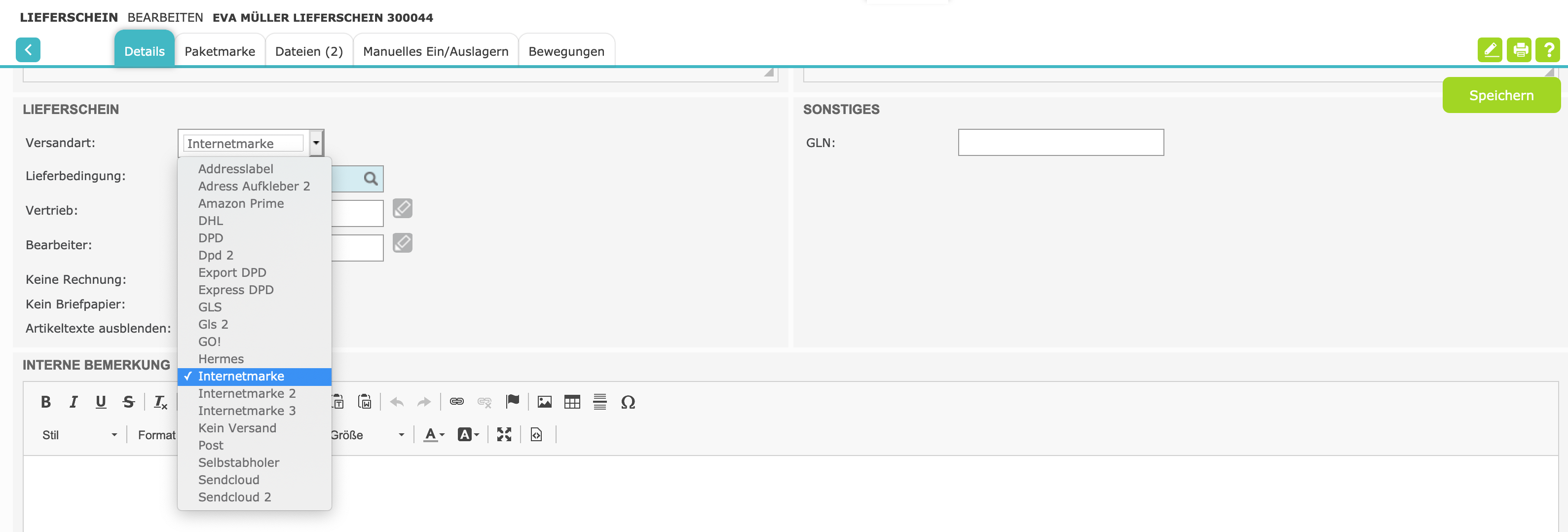 Versandarten: Internetmarke - Xentral ERP Software GmbH